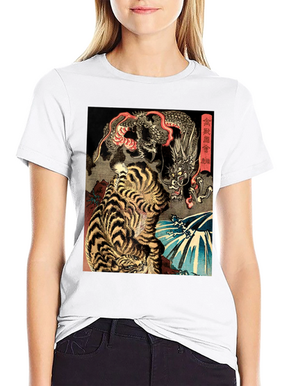 Tiger and Dragon Graphic Print Black T-Shirt