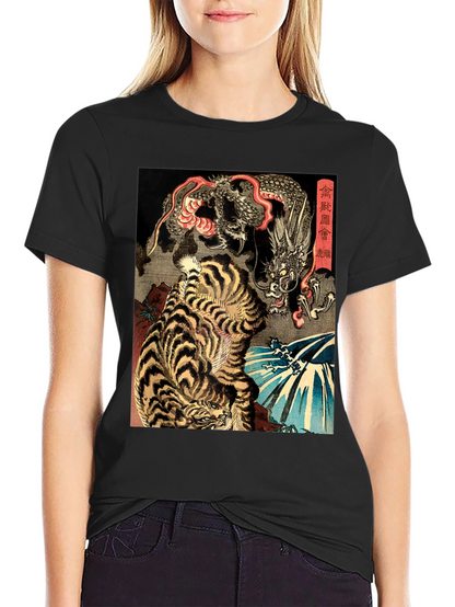 Tiger and Dragon Graphic Print Black T-Shirt