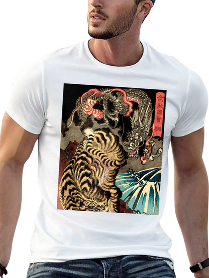 Tiger and Dragon Graphic Print Black T-Shirt