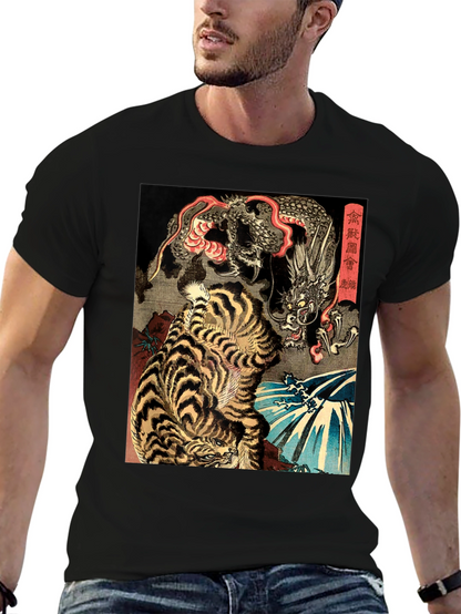 Tiger and Dragon Graphic Print Black T-Shirt