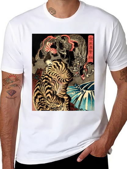 Tiger and Dragon Graphic Print Black T-Shirt