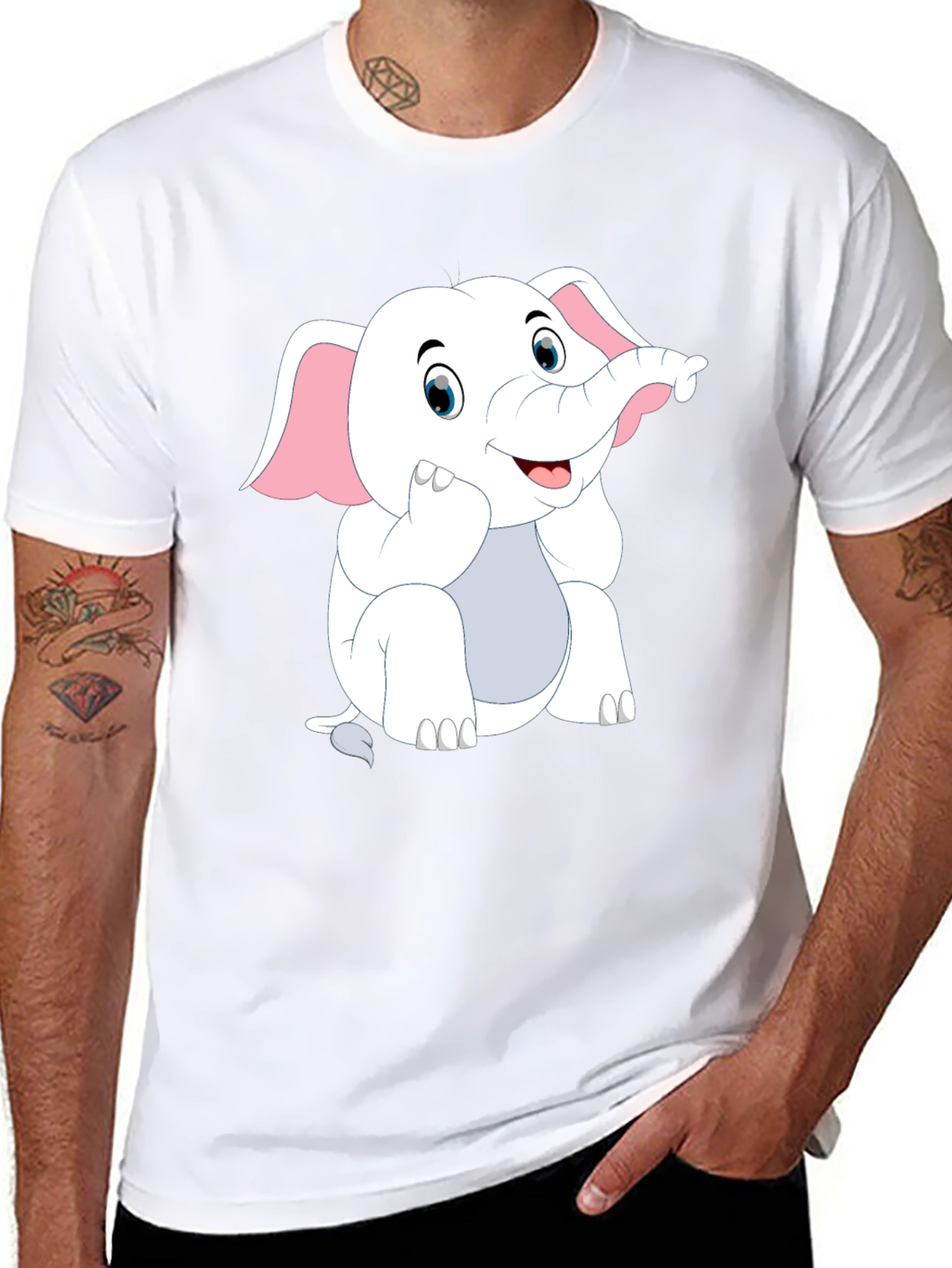 Black T-Shirt with Cute Cartoon Elephant Design