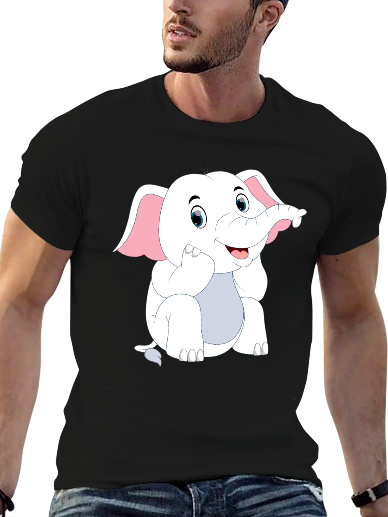 Black T-Shirt with Cute Cartoon Elephant Design