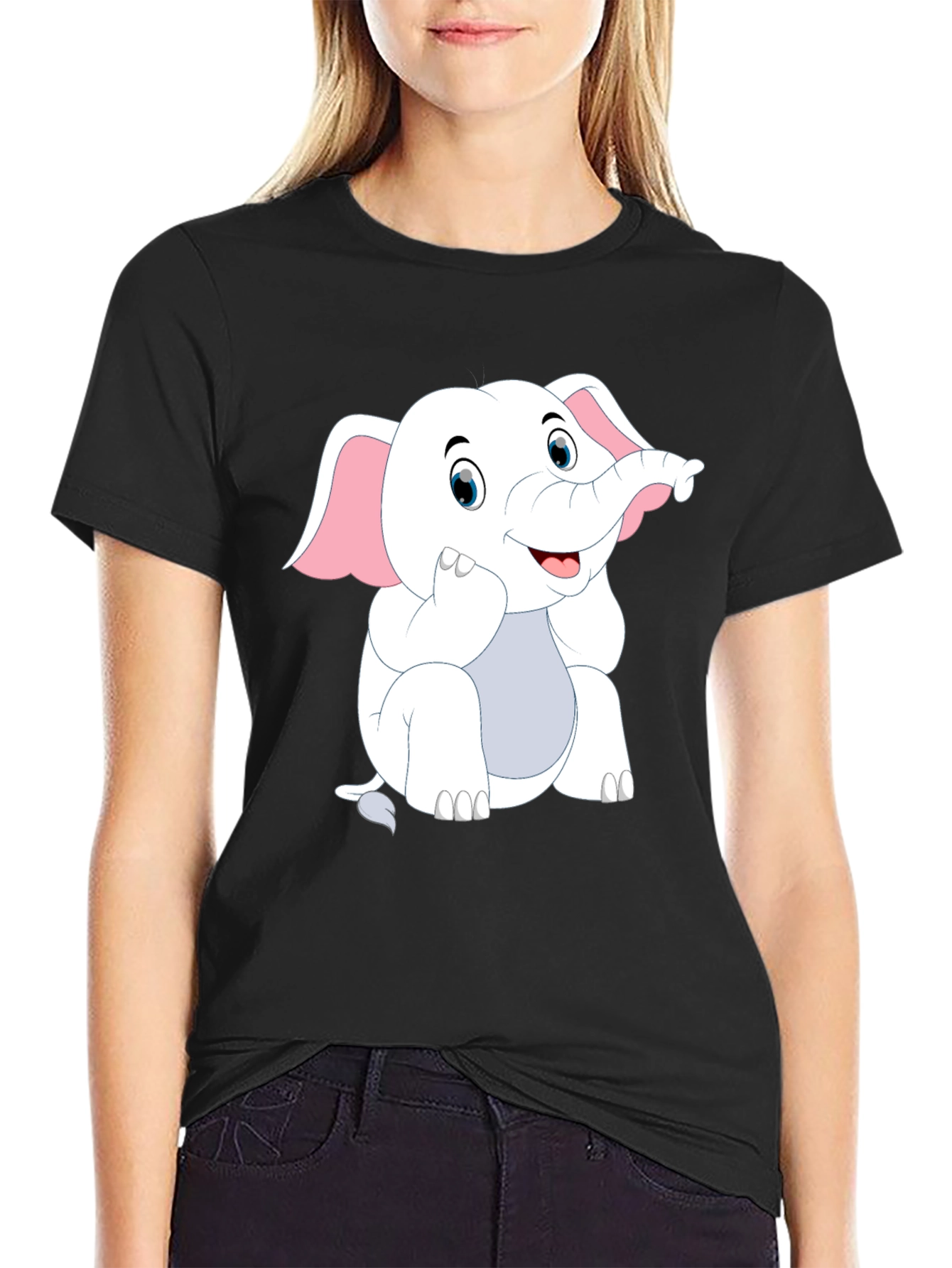 Black T-Shirt with Cute Cartoon Elephant Design