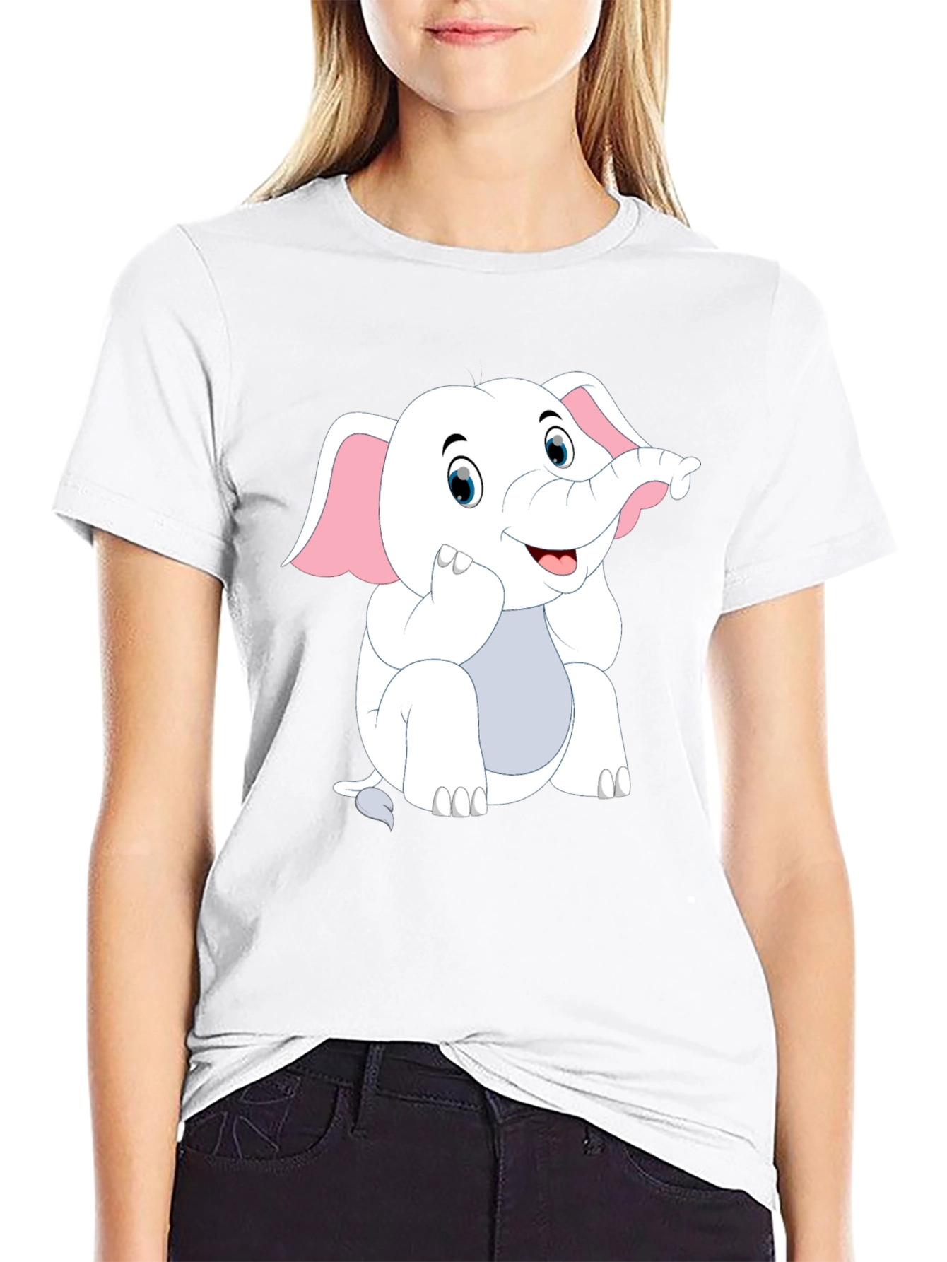 Black T-Shirt with Cute Cartoon Elephant Design