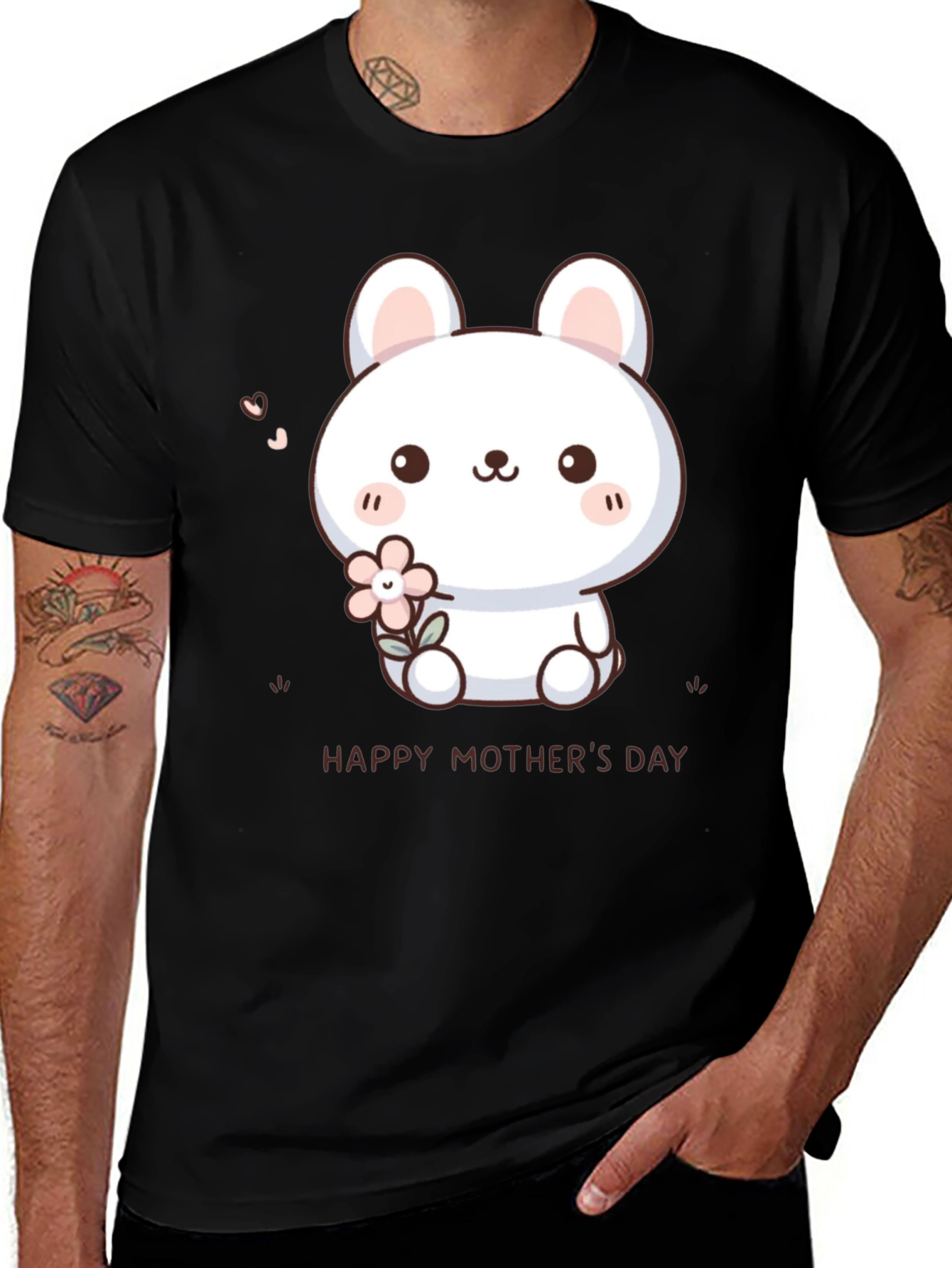Cute Bunny Happy Mothers Day Black T-Shirt