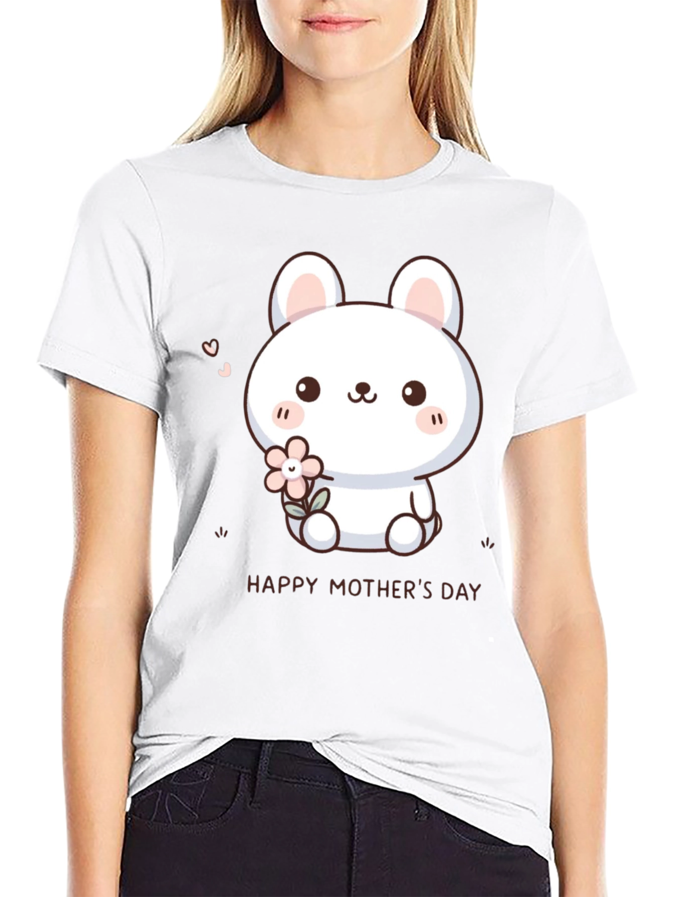 Cute Bunny Happy Mothers Day Black T-Shirt