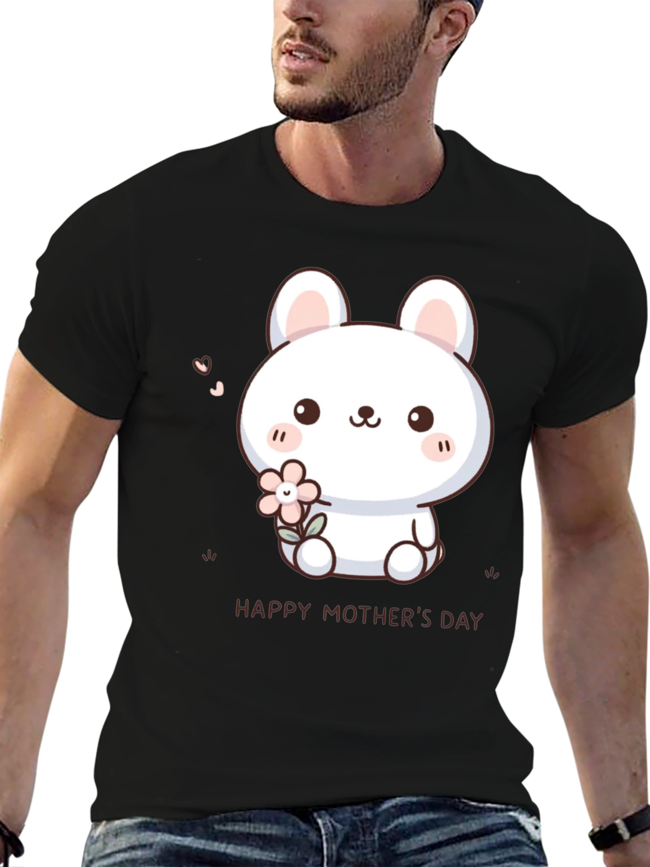 Cute Bunny Happy Mothers Day Black T-Shirt