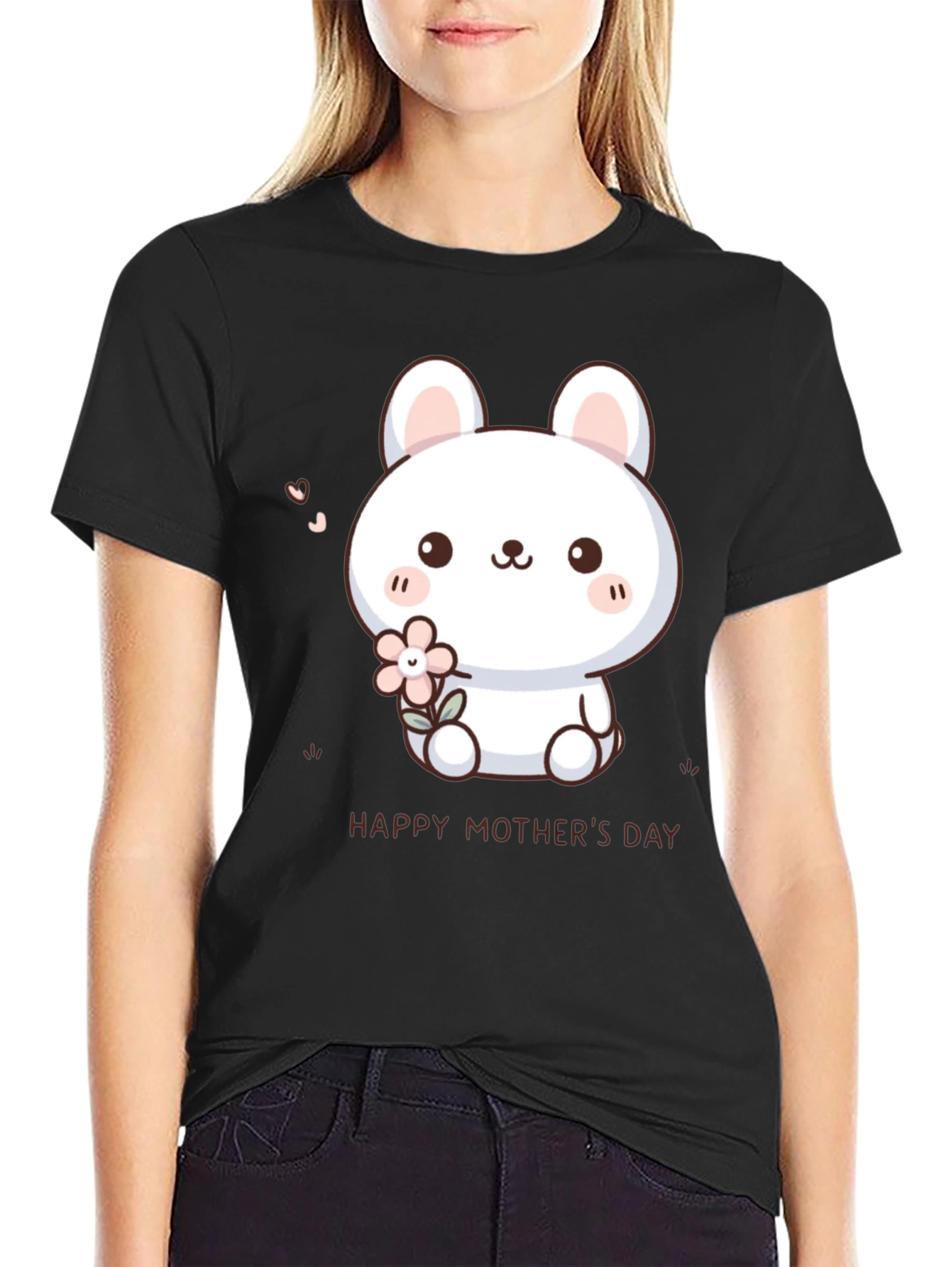 Cute Bunny Happy Mothers Day Black T-Shirt