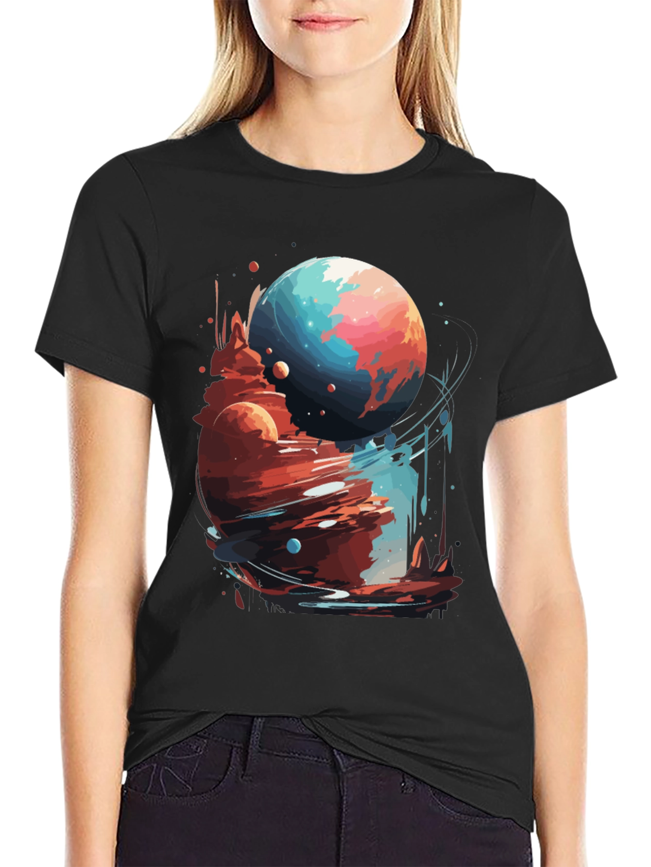 Cosmic Planet Graphic Tee - Stylish Black T-Shirt