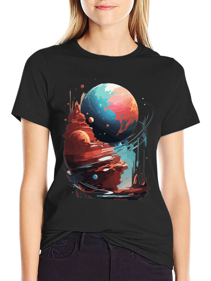 Cosmic Planet Graphic Tee - Stylish Black T-Shirt