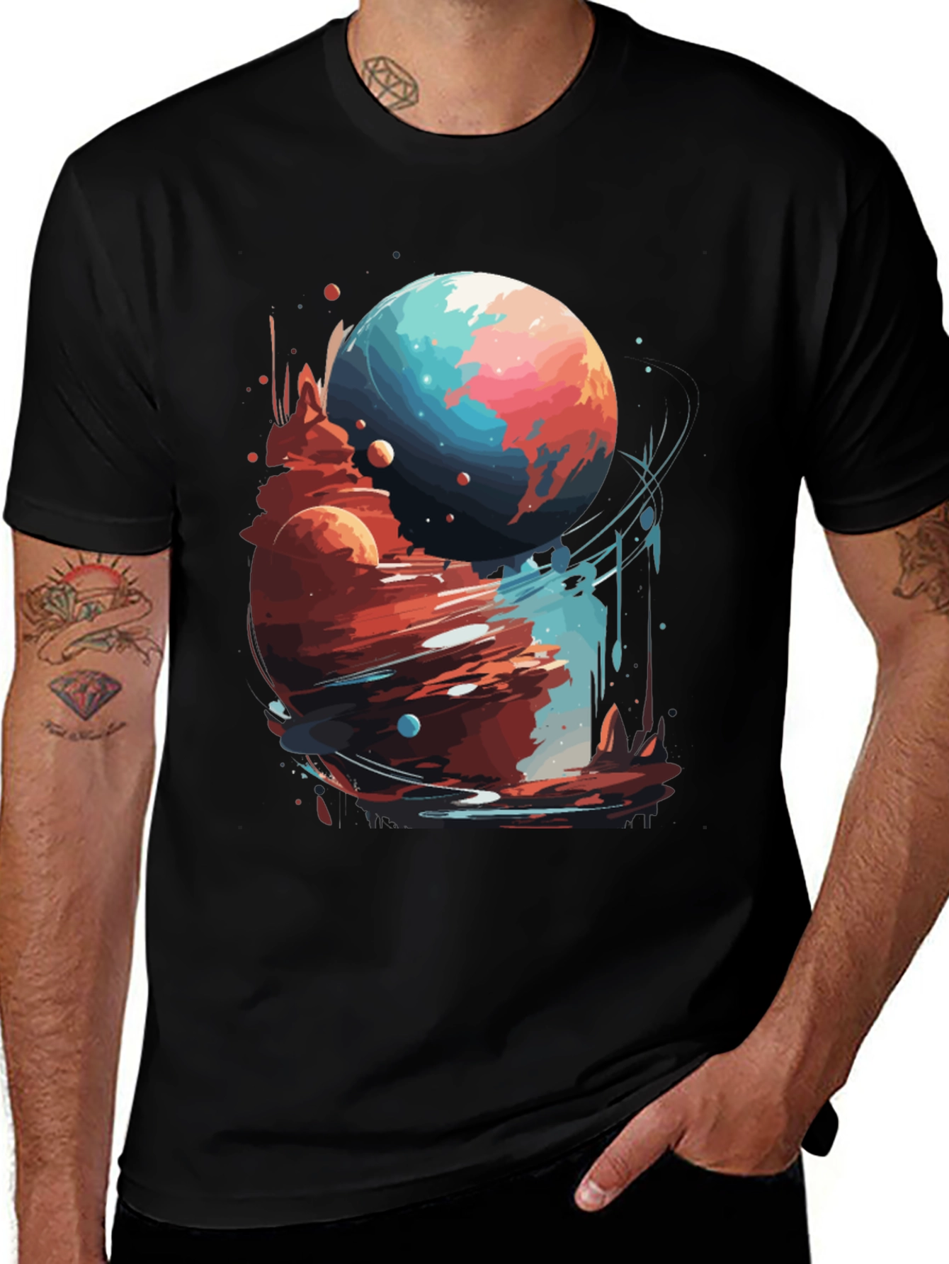 Cosmic Planet Graphic Tee - Stylish Black T-Shirt
