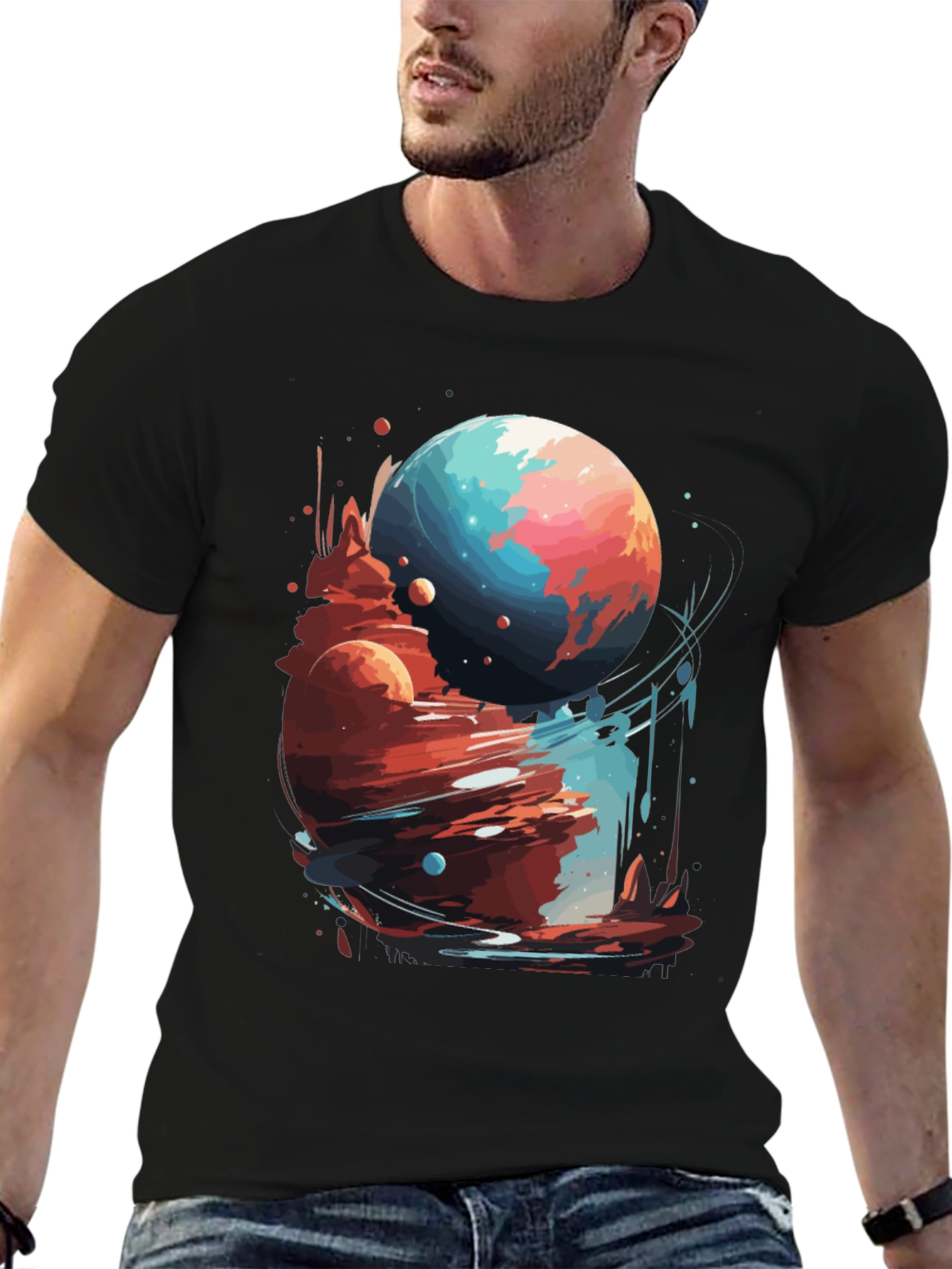 Cosmic Planet Graphic Tee - Stylish Black T-Shirt