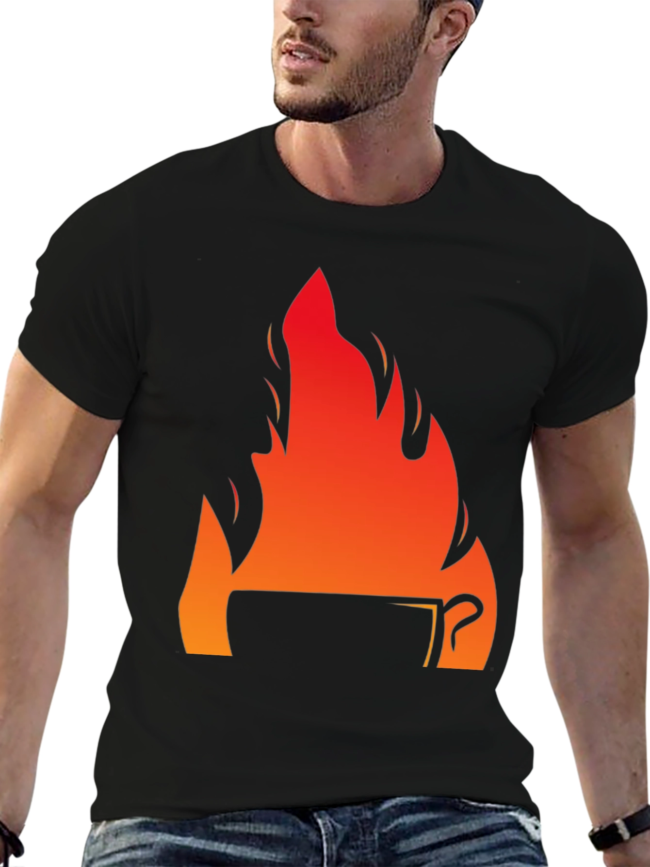 Fiery Coffee Cup Graphic T-Shirt - Black