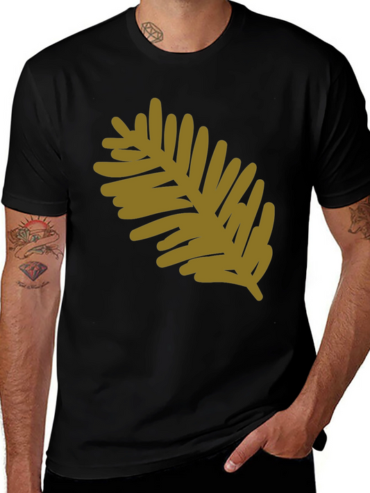 Modern Leaf Design Black Cotton T-Shirt
