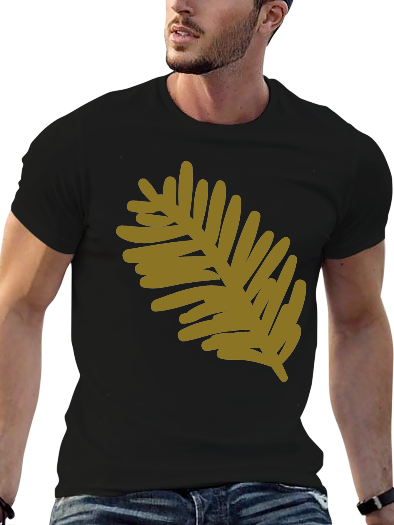Modern Leaf Design Black Cotton T-Shirt