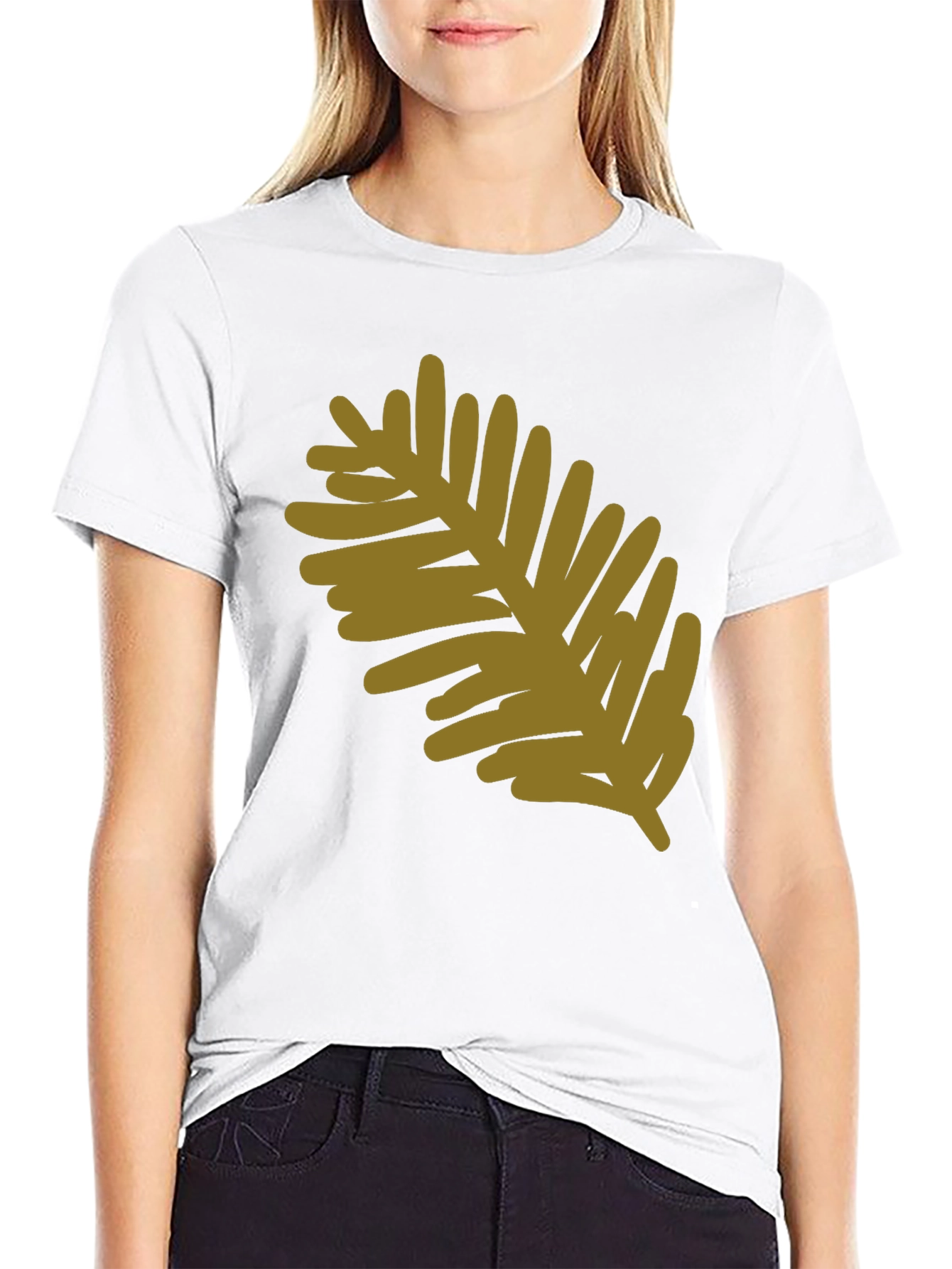 Modern Leaf Design Black Cotton T-Shirt