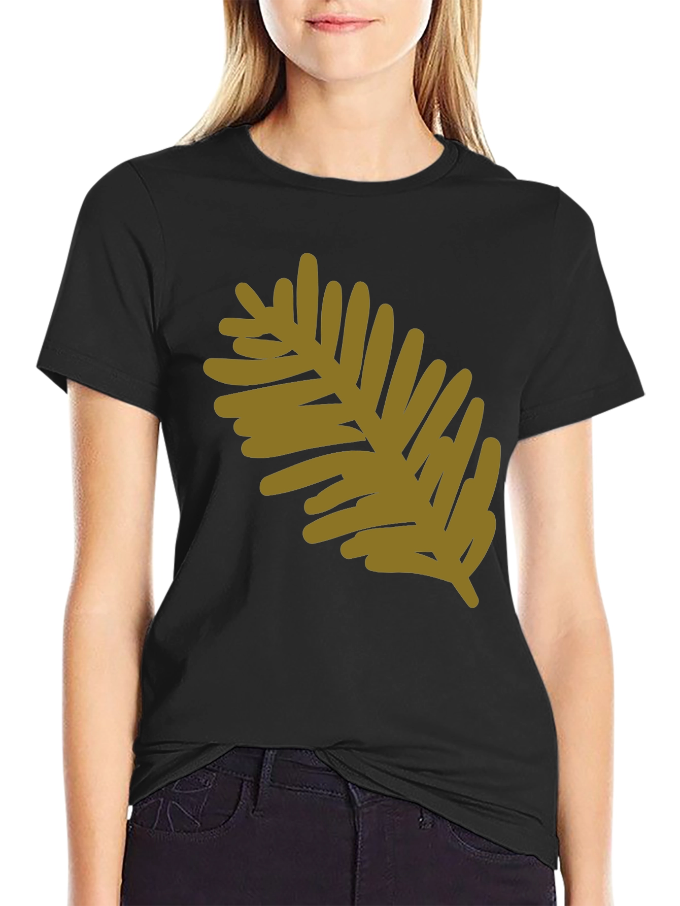 Modern Leaf Design Black Cotton T-Shirt