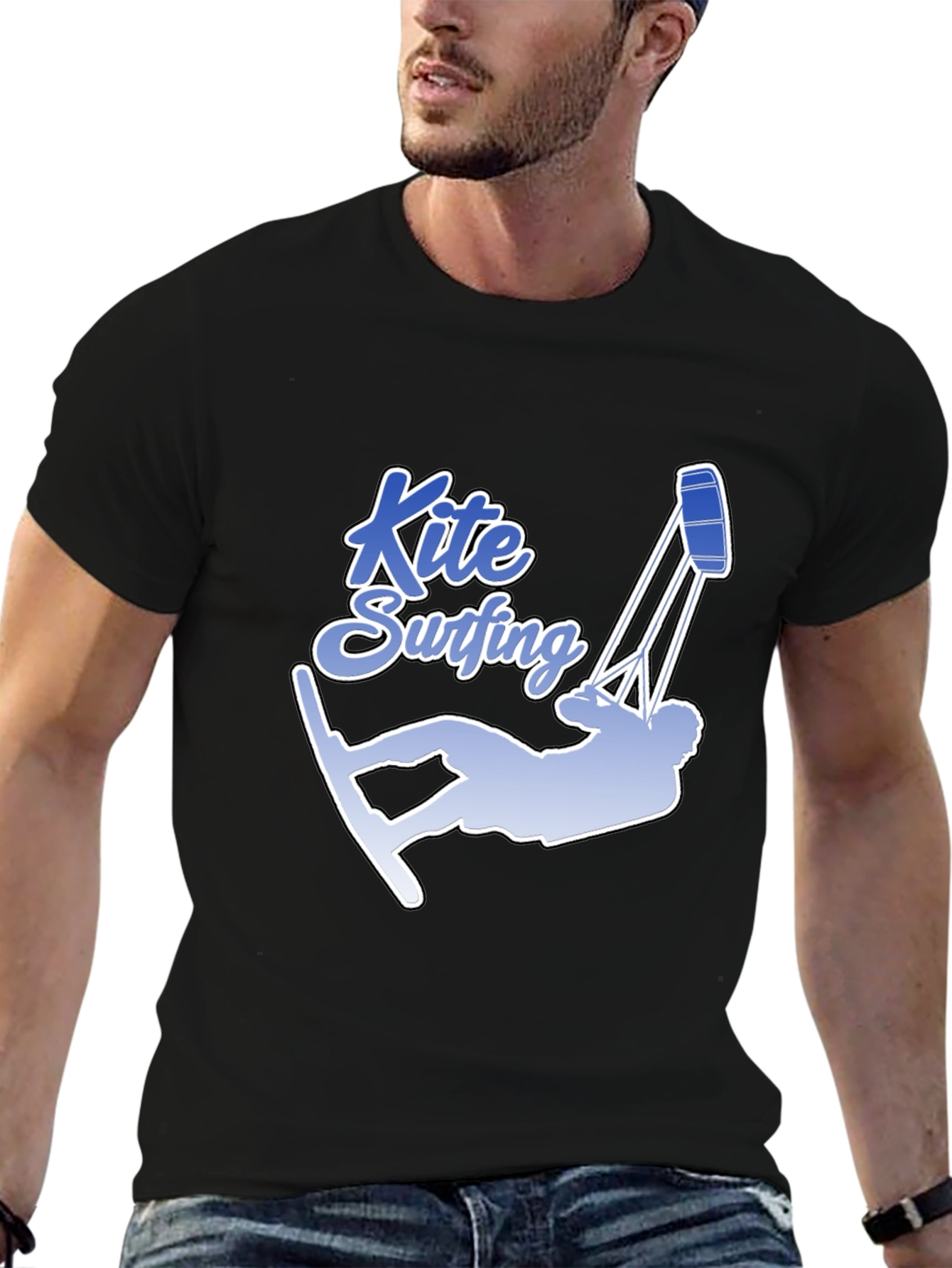 Kite Surfing Graphic Tee - Black Cotton T-Shirt