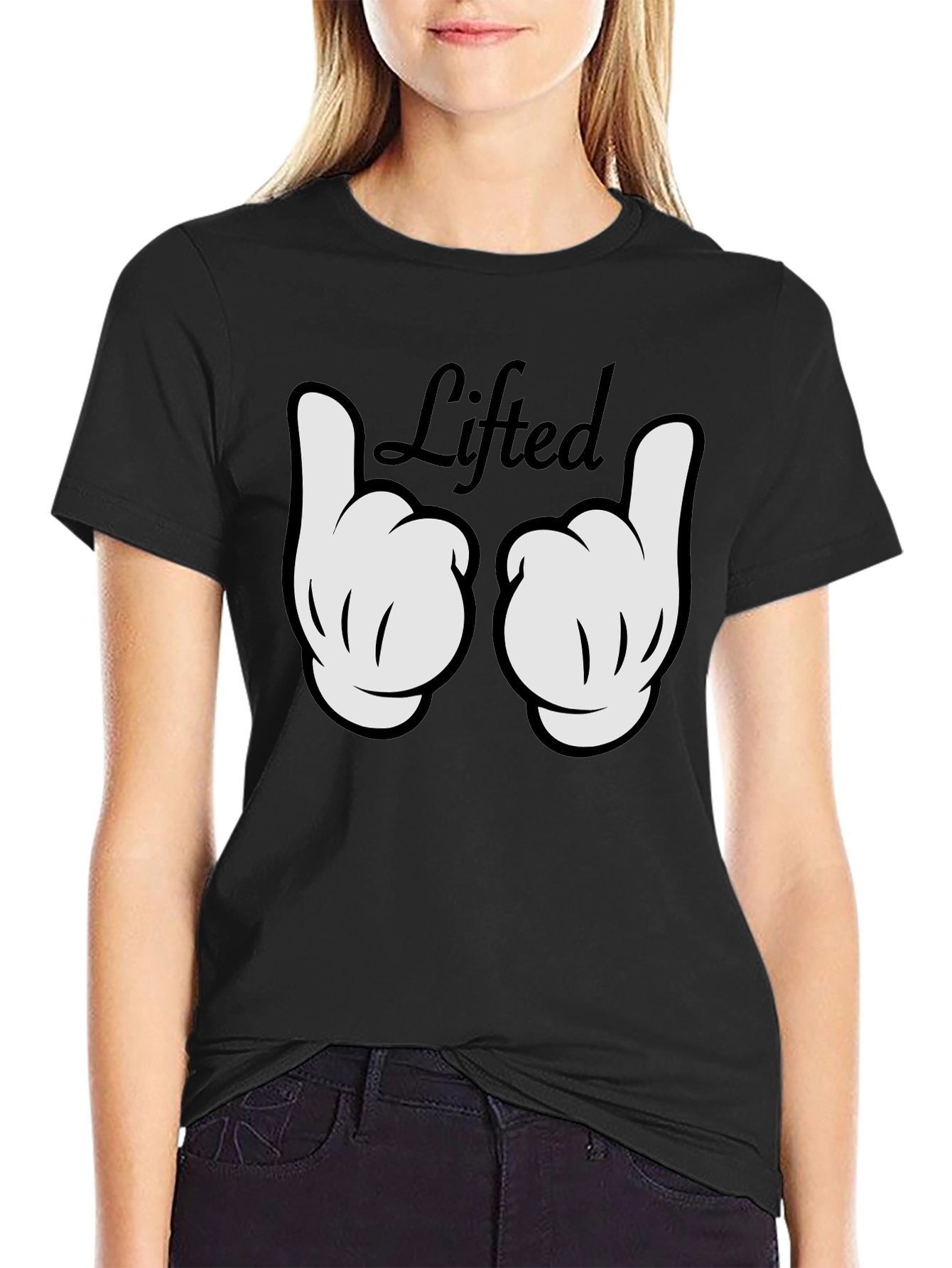 Lifted Cartoon Hand Gesture Black T-Shirt