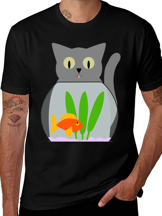 Cat & Goldfish Bowl Graphic T-Shirt - Novelty Tee