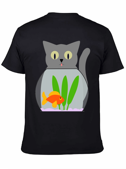 Cat & Goldfish Bowl Graphic T-Shirt - Novelty Tee