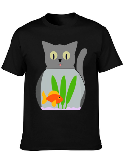 Cat & Goldfish Bowl Graphic T-Shirt - Novelty Tee
