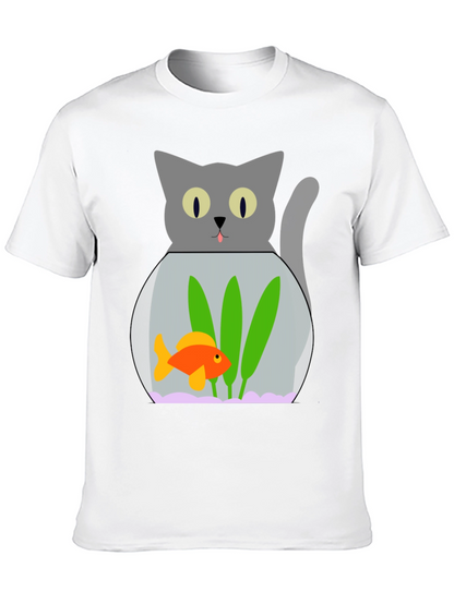 Cat & Goldfish Bowl Graphic T-Shirt - Novelty Tee