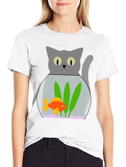 Cat & Goldfish Bowl Graphic T-Shirt - Novelty Tee