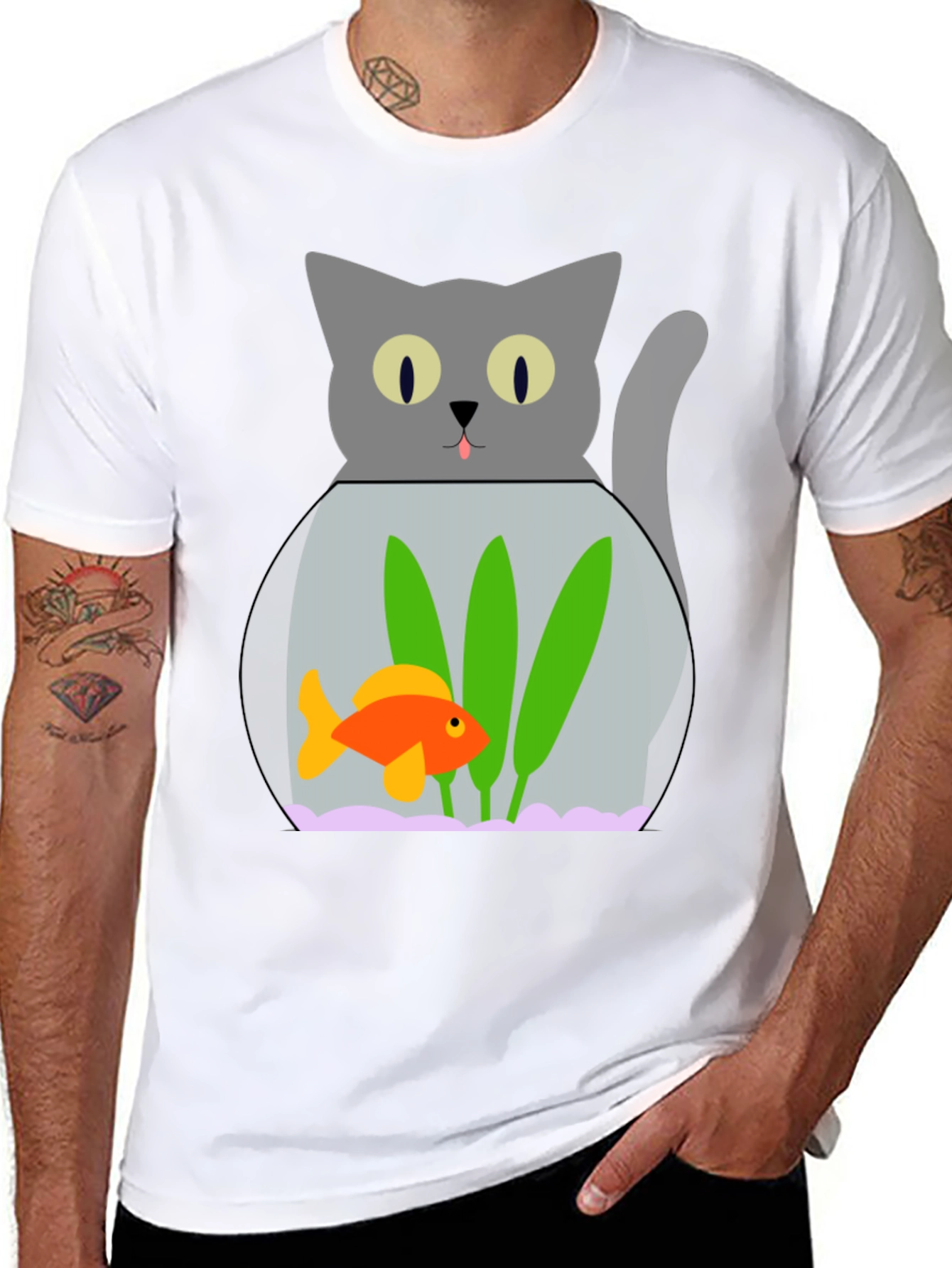 Cat & Goldfish Bowl Graphic T-Shirt - Novelty Tee