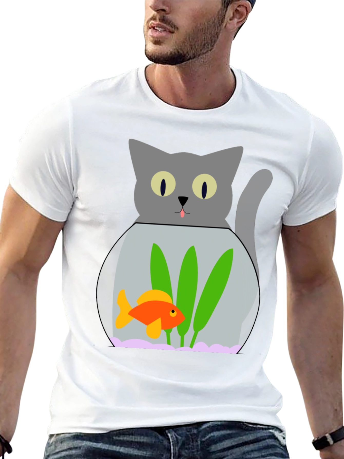 Cat & Goldfish Bowl Graphic T-Shirt - Novelty Tee
