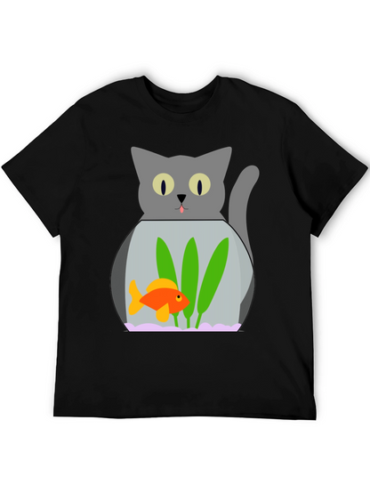 Cat & Goldfish Bowl Graphic T-Shirt - Novelty Tee