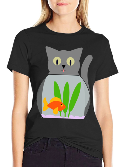 Cat & Goldfish Bowl Graphic T-Shirt - Novelty Tee