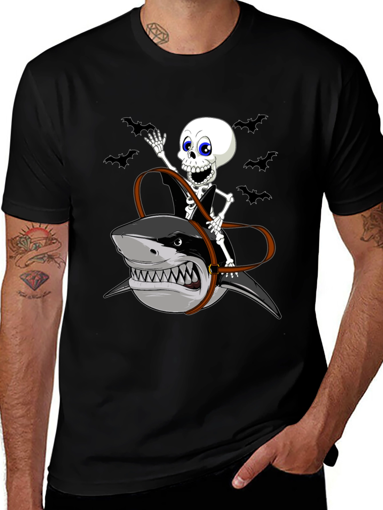 Skeleton Riding Shark Graphic Tee - Halloween