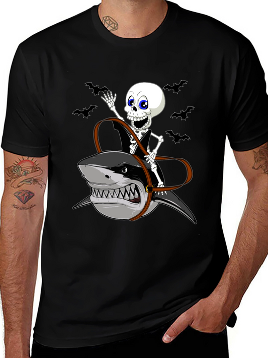Skeleton Riding Shark Graphic Tee - Halloween