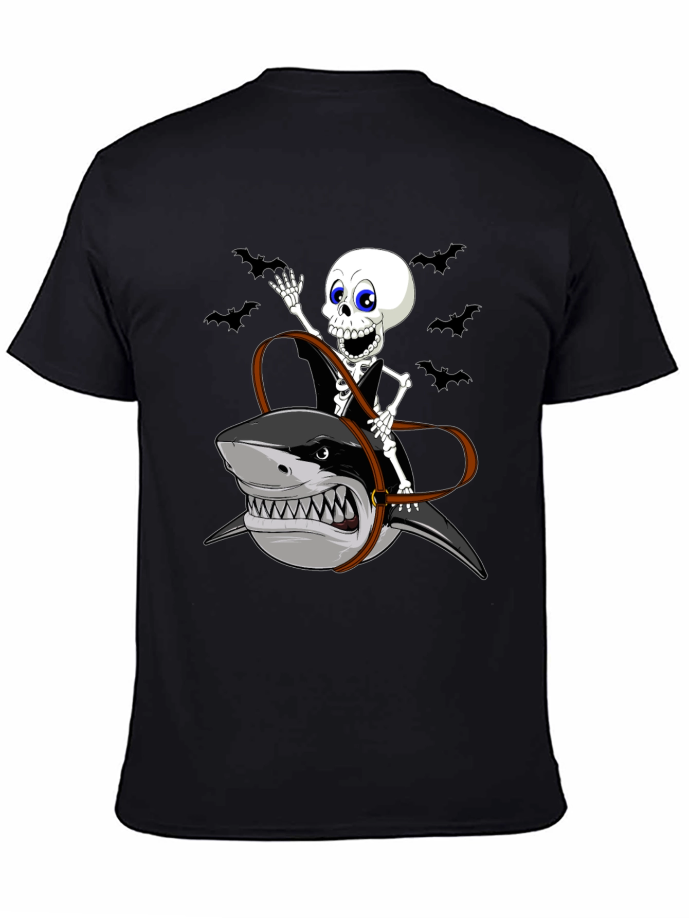Skeleton Riding Shark Graphic Tee - Halloween