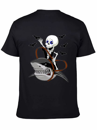 Skeleton Riding Shark Graphic Tee - Halloween
