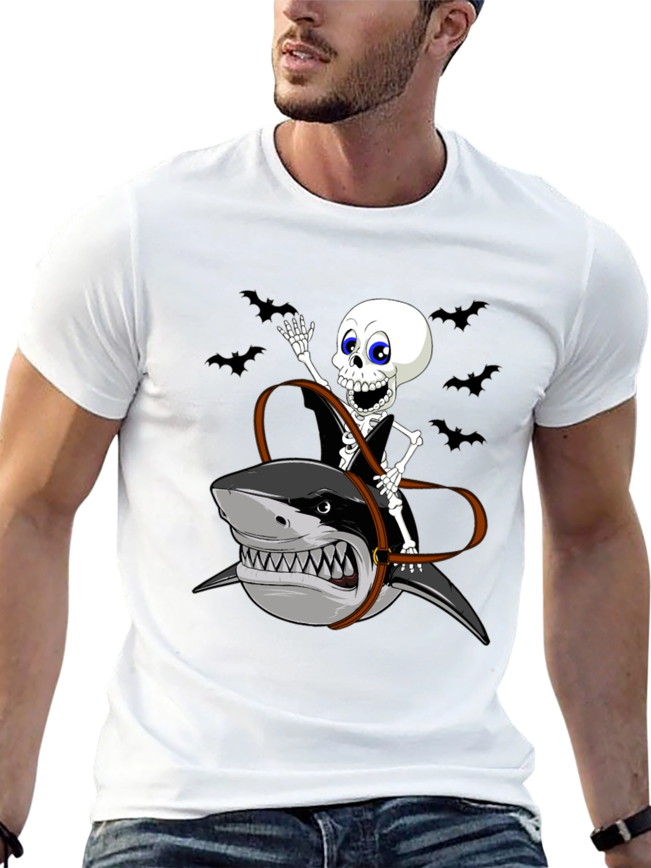 Skeleton Riding Shark Graphic Tee - Halloween