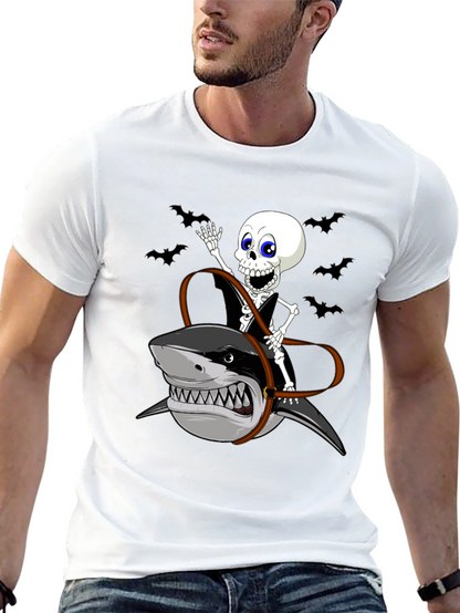 Skeleton Riding Shark Graphic Tee - Halloween
