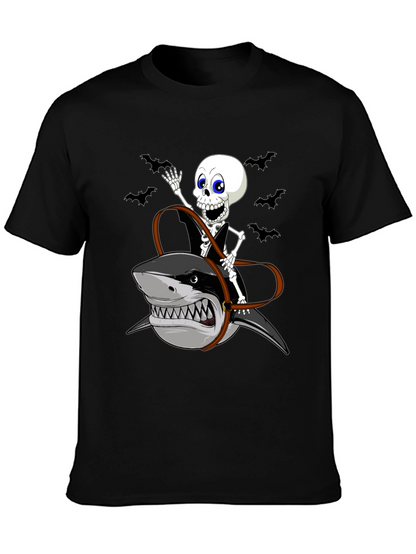 Skeleton Riding Shark Graphic Tee - Halloween