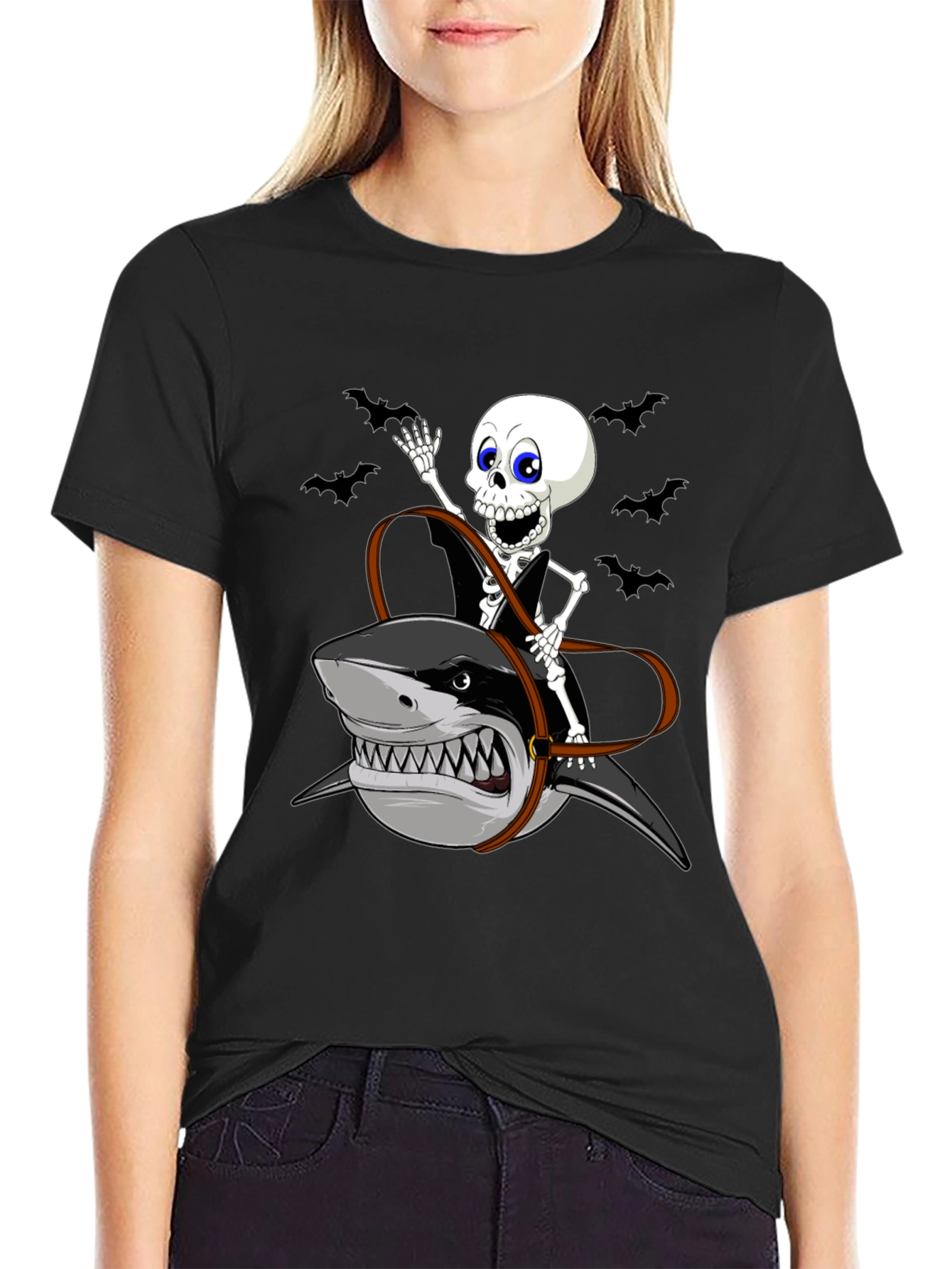 Skeleton Riding Shark Graphic Tee - Halloween