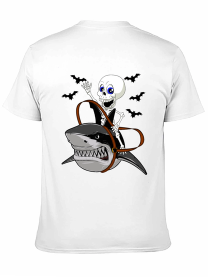 Skeleton Riding Shark Graphic Tee - Halloween