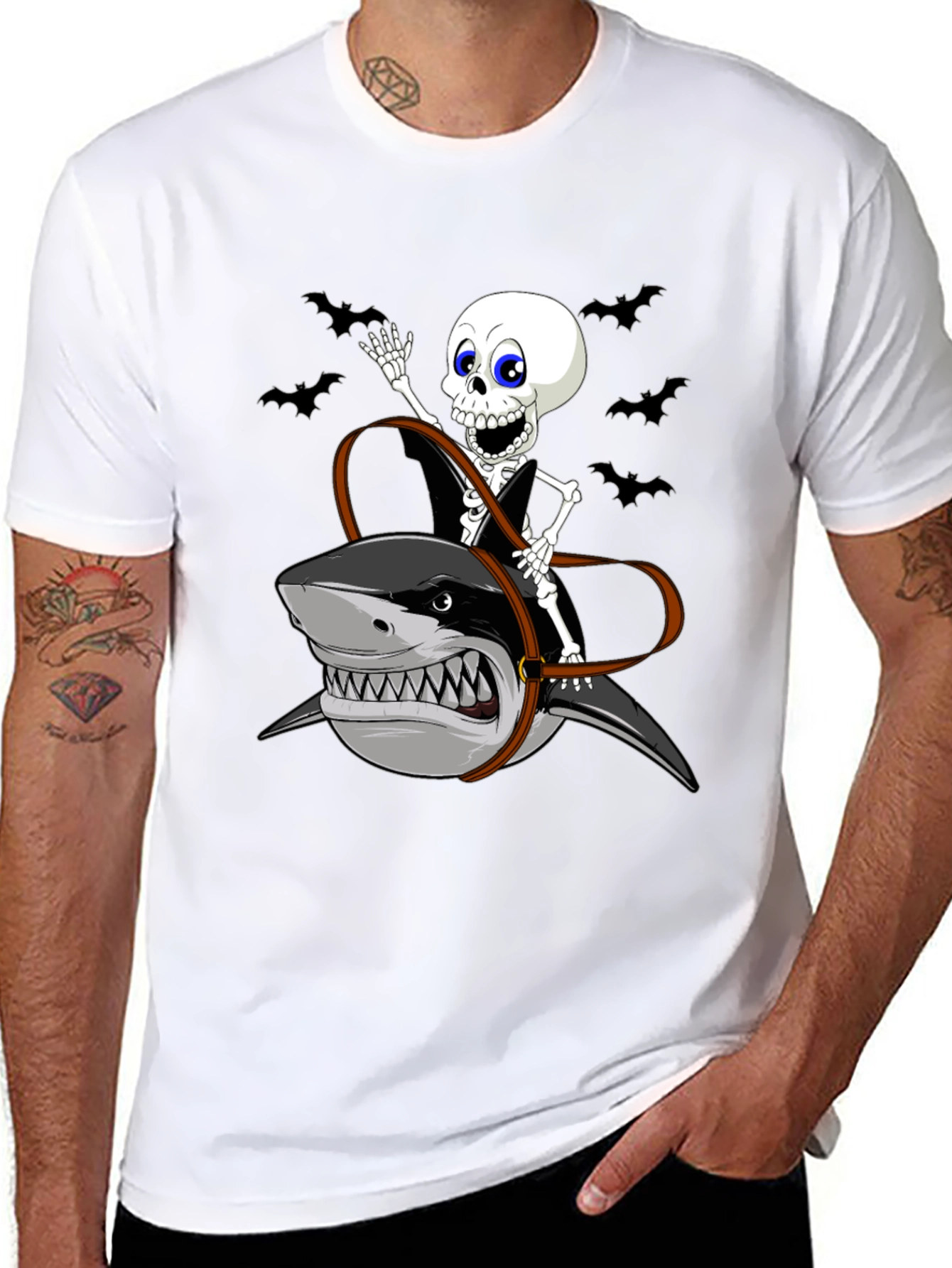 Skeleton Riding Shark Graphic Tee - Halloween