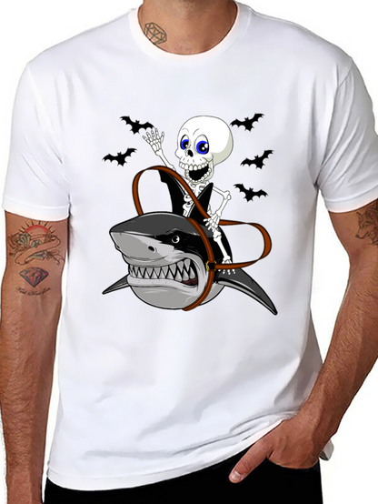 Skeleton Riding Shark Graphic Tee - Halloween