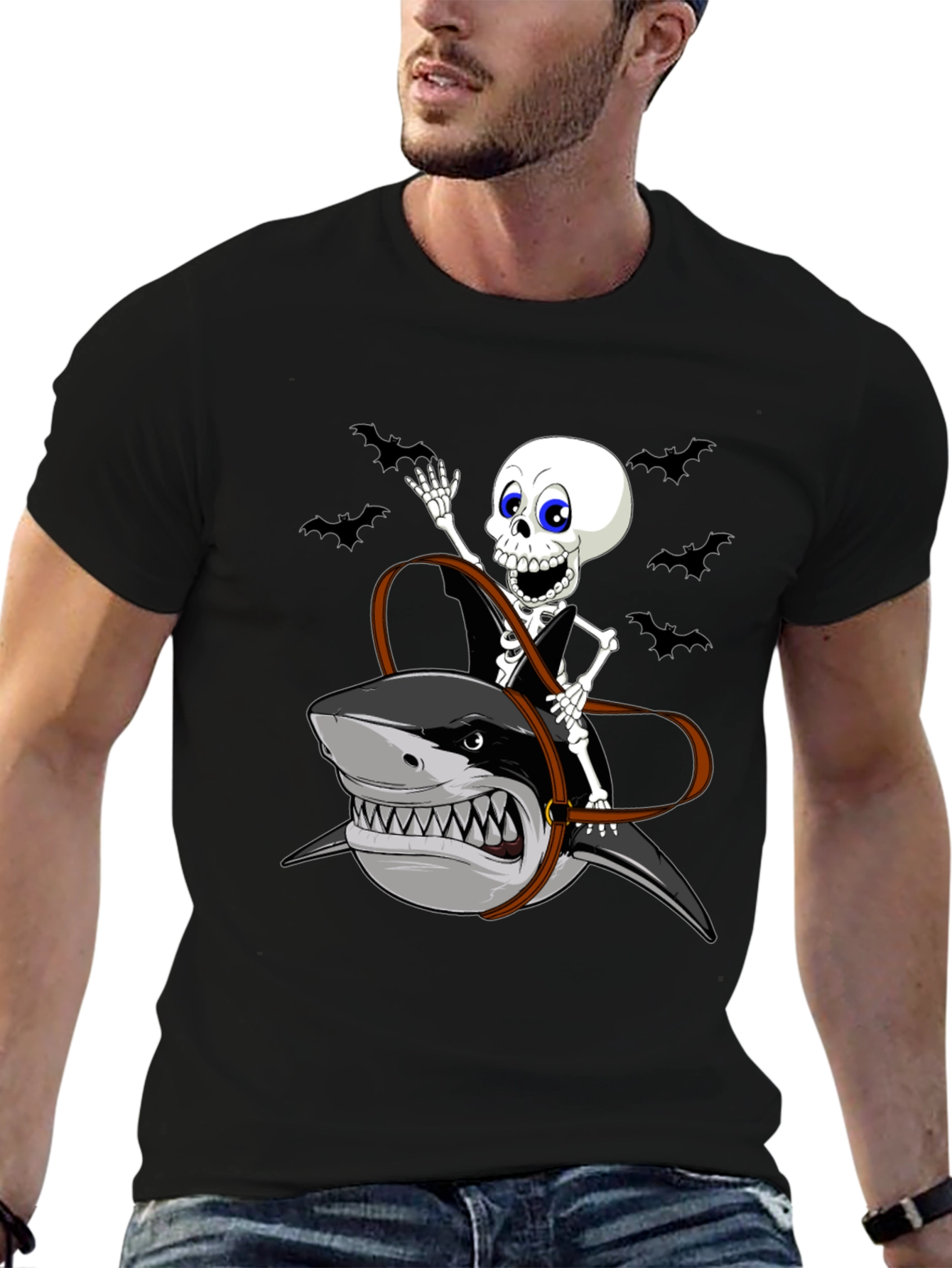 Skeleton Riding Shark Graphic Tee - Halloween