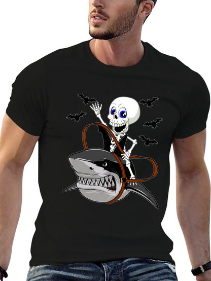 Skeleton Riding Shark Graphic Tee - Halloween