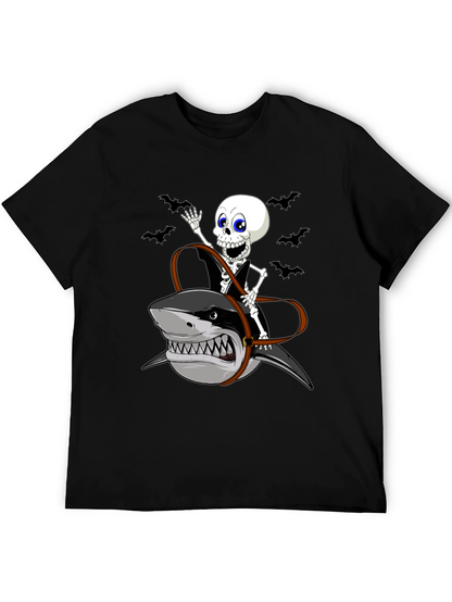 Skeleton Riding Shark Graphic Tee - Halloween