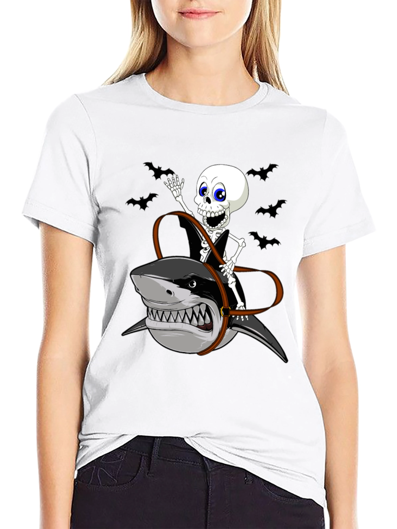 Skeleton Riding Shark Graphic Tee - Halloween