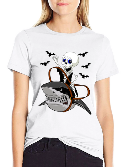 Skeleton Riding Shark Graphic Tee - Halloween