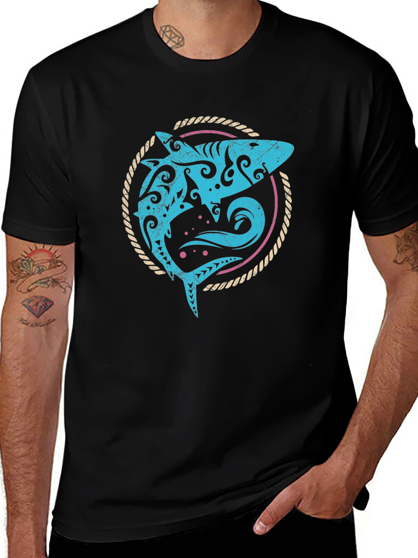 Tribal Shark Graphic Tee - Mens Black T-Shirt